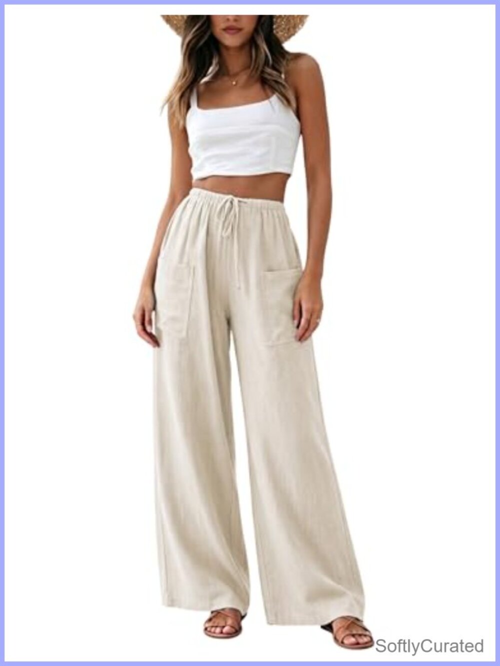 Cotton Linen Wide Leg Palazzo Pants Drawstring Loose Beach Trousers
